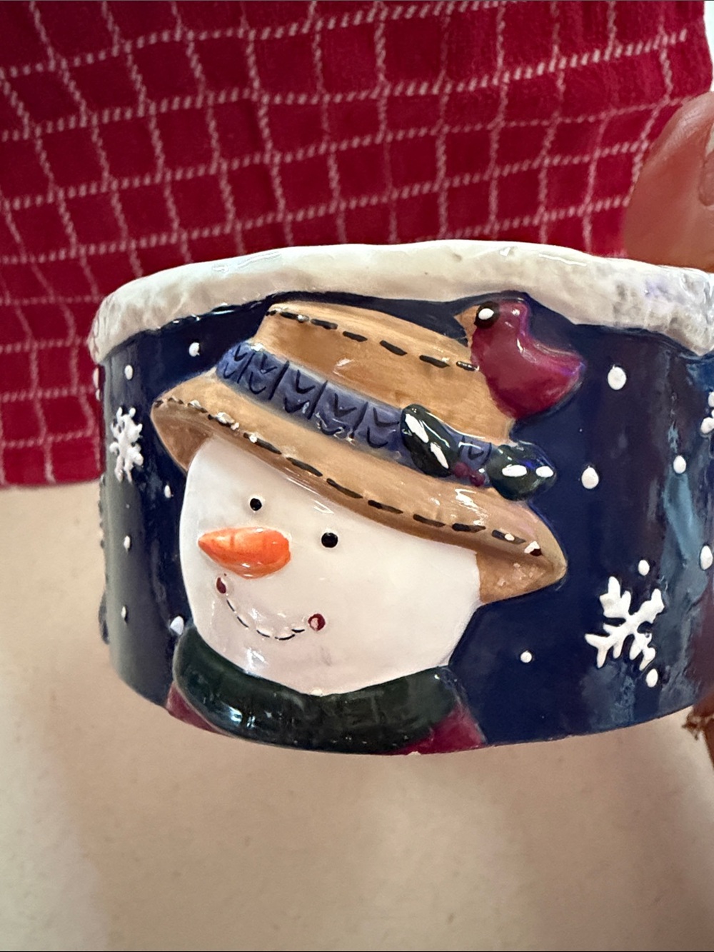 Snowman Ceramic Bowl/candle holder- Navy & White - Picture 3 of 5
